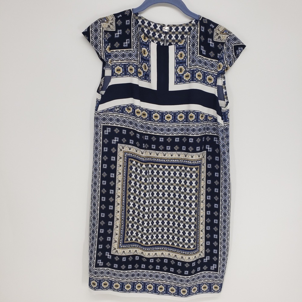 MNG Basics Geometric Scarf Print Shift Dress Women XS Navy Blue Cap Sleeve Mini